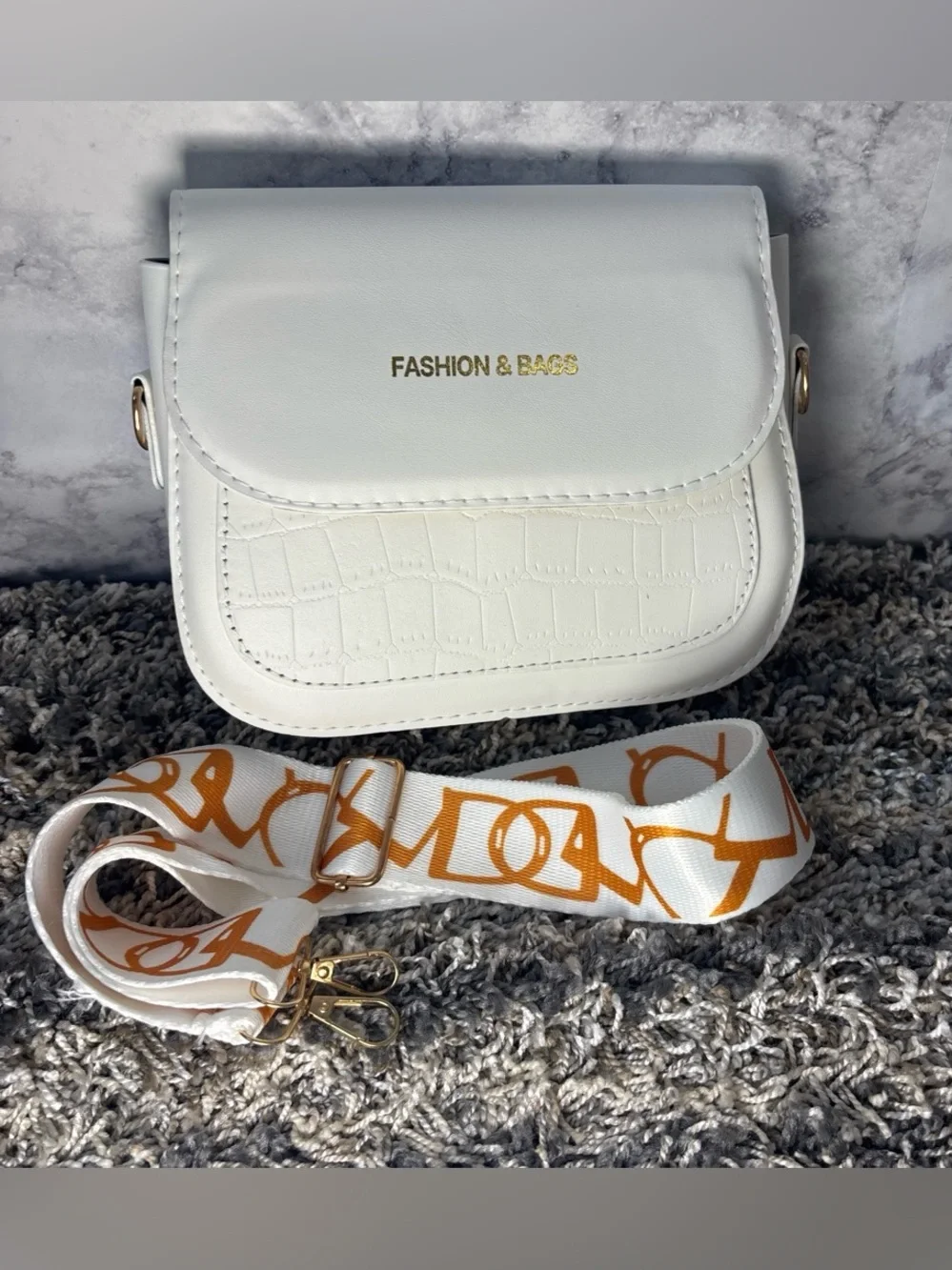 White Crossbody with Patterned Orange Strap